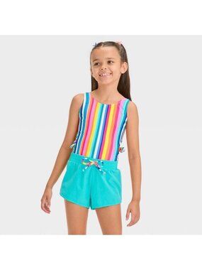 Cat & Jack 2 pc Girls Small 6-7 Multi-stripe One-Piece swimsuit & matching Short